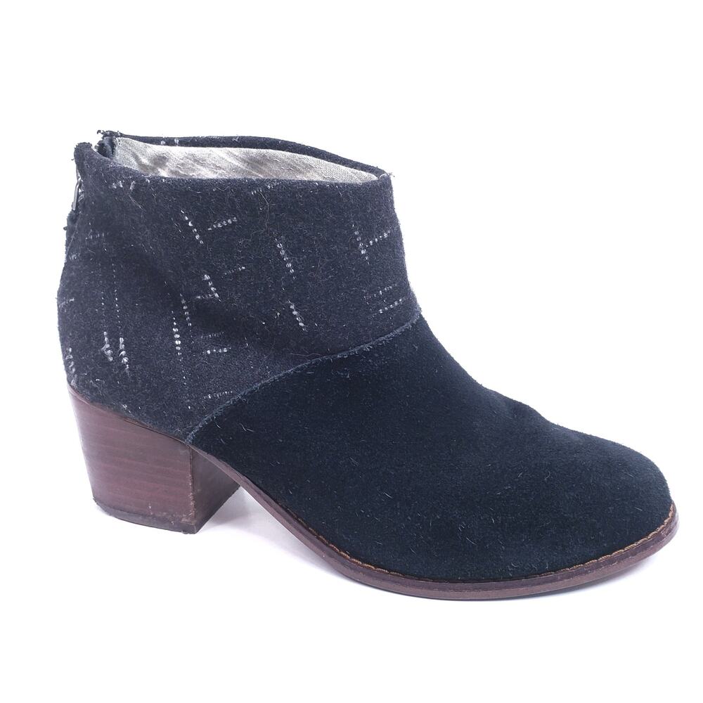TOMS Black Suede Stacked Heel Ankle Booties Size 7.5
